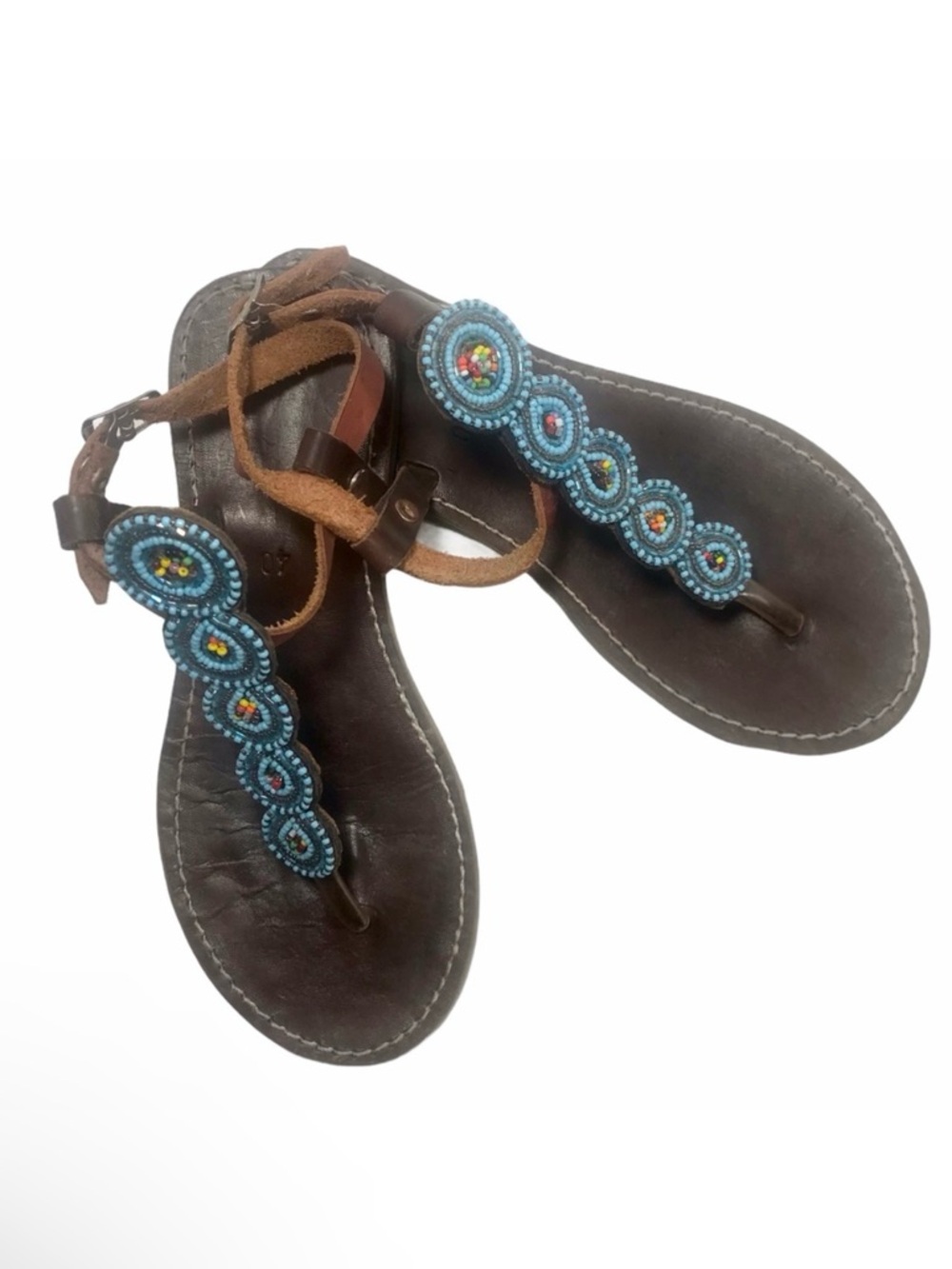 Bohemian Beaded Medallion Leather Thong Sandals Blue/Multi EU 40